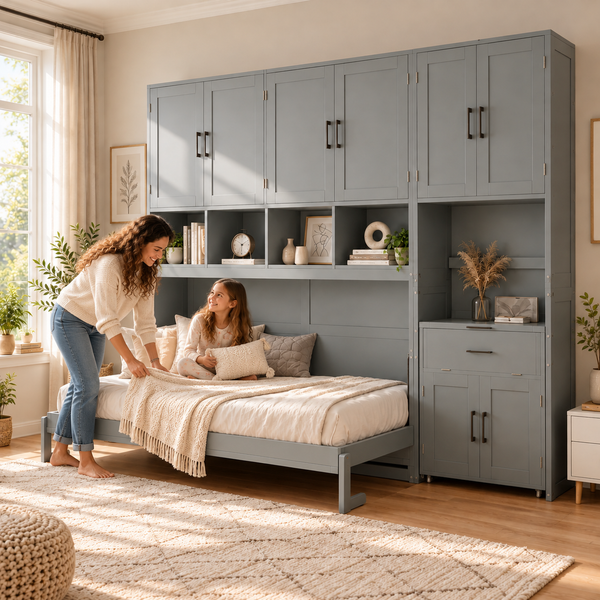 RESTORA Murphy Bed with Closet, Drawers & Desk - Twin Size