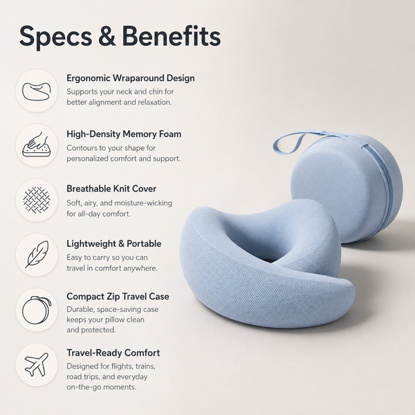 RESTORA Travel Neck Pillow – Memory Foam Neck Support Pillow for Flights & Travel