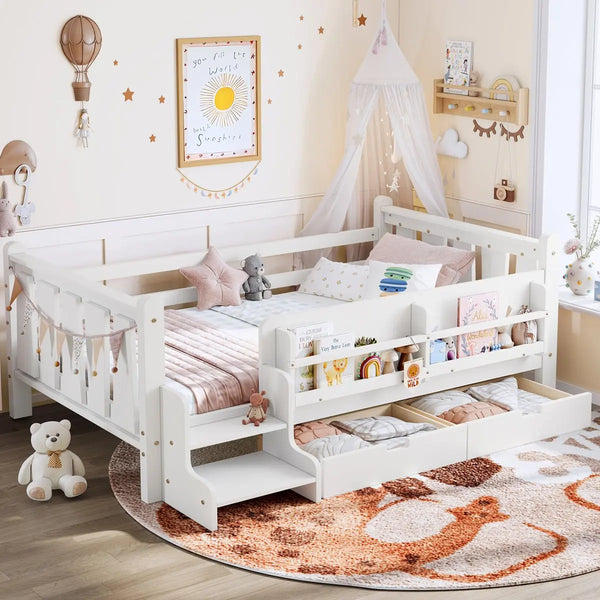 RESTORA kids twin floor bed with storage and stairs in White, product image 1