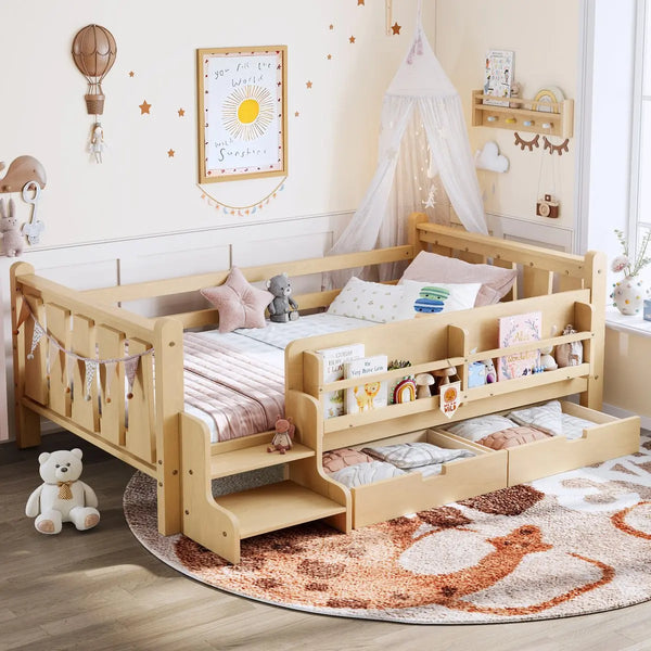 RESTORA kids twin floor bed with storage and stairs in Light Natural, product image 1