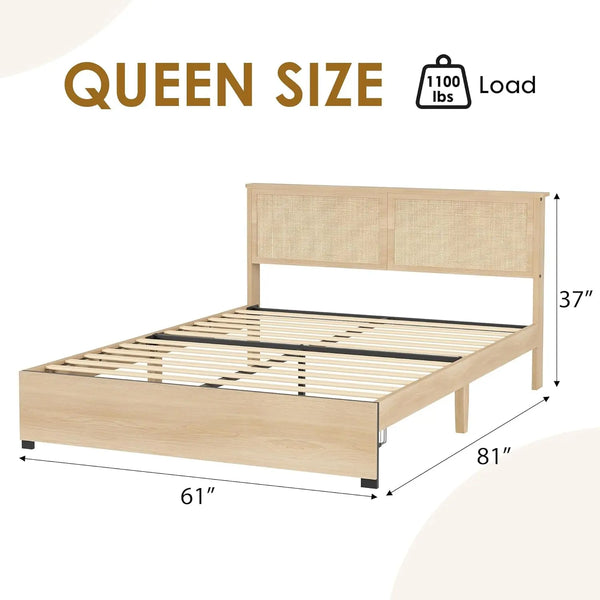 RESTORA Natural Rattan Bed Frame with Storage Drawers