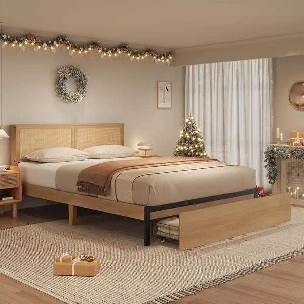 RESTORA Natural Rattan Bed Frame with Storage Drawers