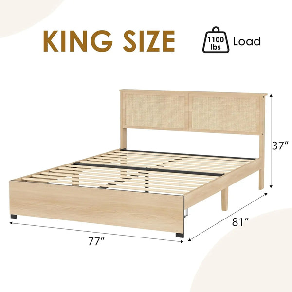 RESTORA Natural Rattan Bed Frame with Storage Drawers