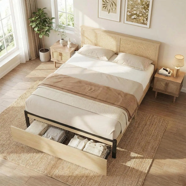 RESTORA Natural Rattan Bed Frame with Storage Drawers