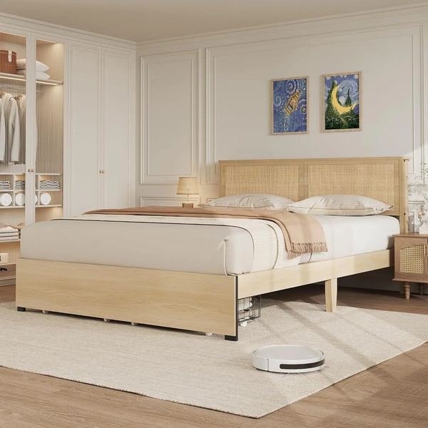 RESTORA Natural Rattan Bed Frame with Storage Drawers