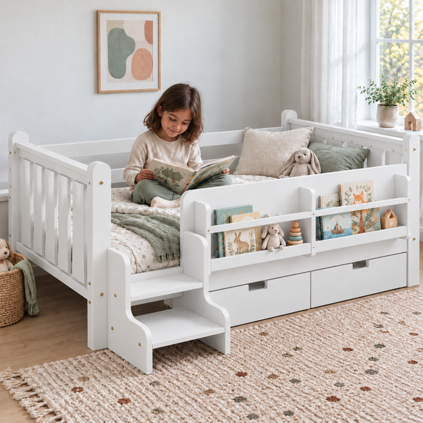 RESTORA Kids Twin Floor Bed with Storage & Stairs