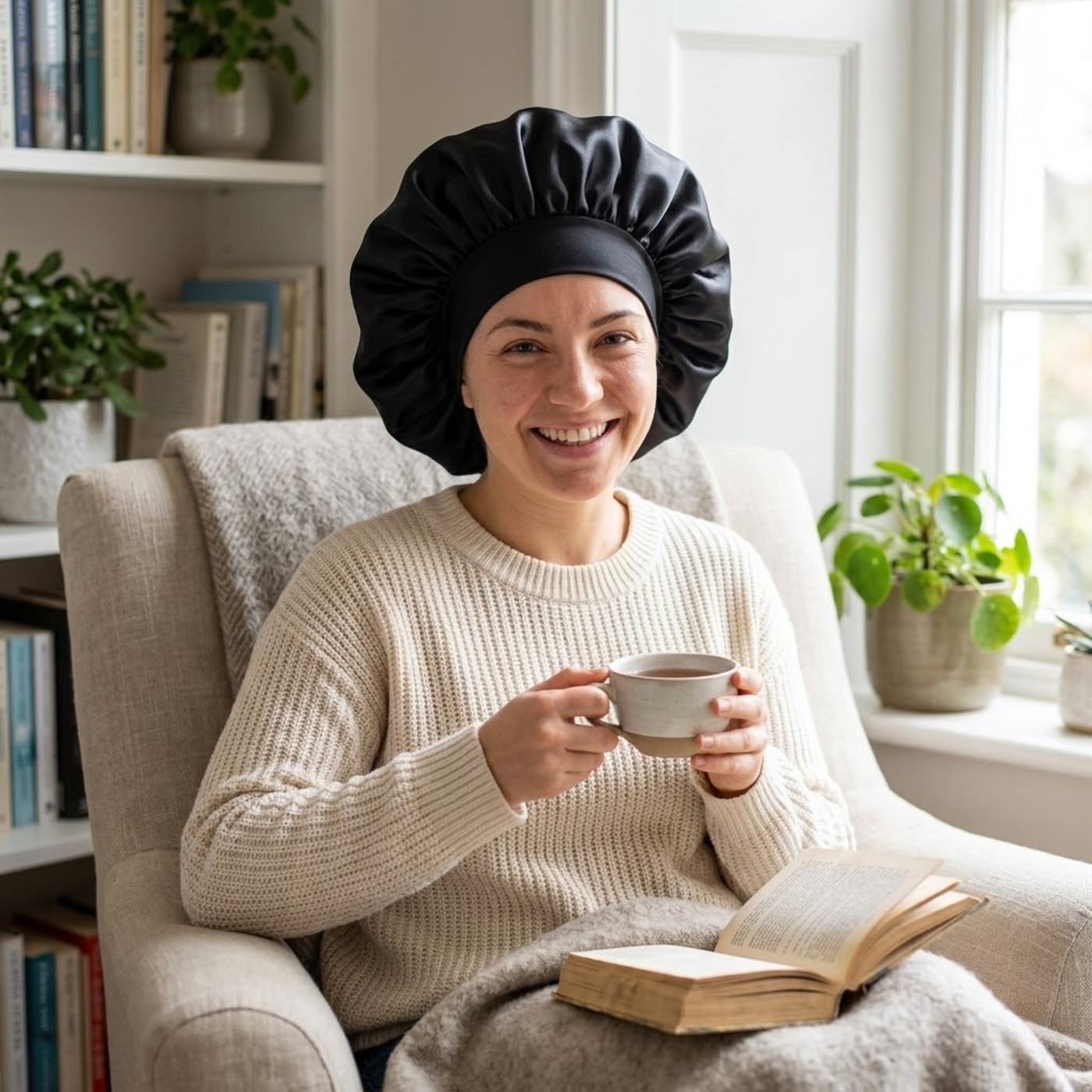 RESTORA satin sleep bonnet lifestyle image