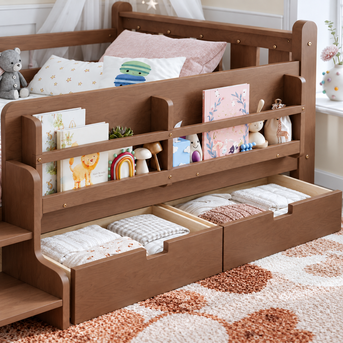 Storage for books, toys, and clothes.