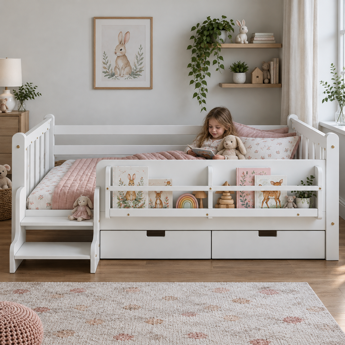 RESTORA Kids Twin Floor Bed with Storage & Stairs