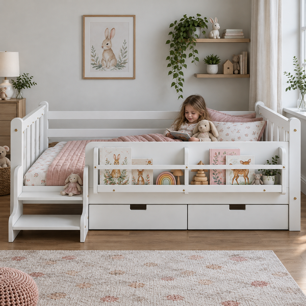 RESTORA Kids Twin Floor Bed with Storage & Stairs