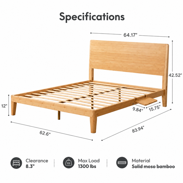 RESTORA Japanese Joinery Bamboo Bed Frame with Headboard - Queen