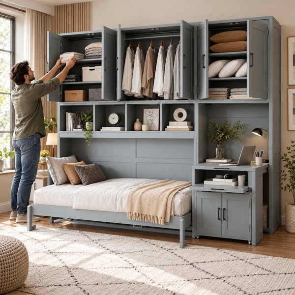 RESTORA Murphy Bed with Closet, Drawers & Desk - Twin Size