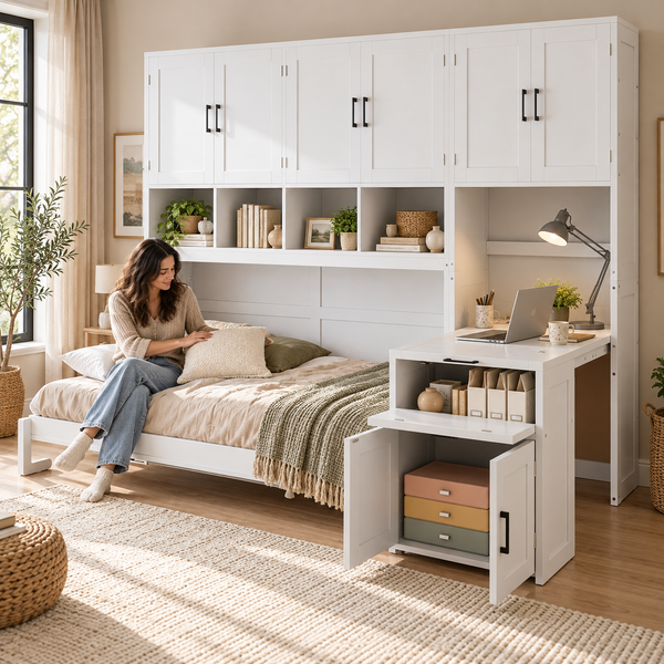 RESTORA Murphy Bed with Closet, Drawers & Desk - Twin Size
