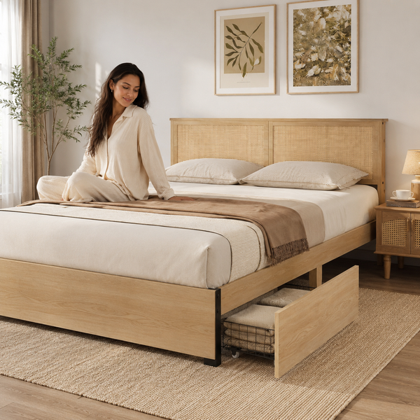 RESTORA Natural Rattan Bed Frame with Storage Drawers