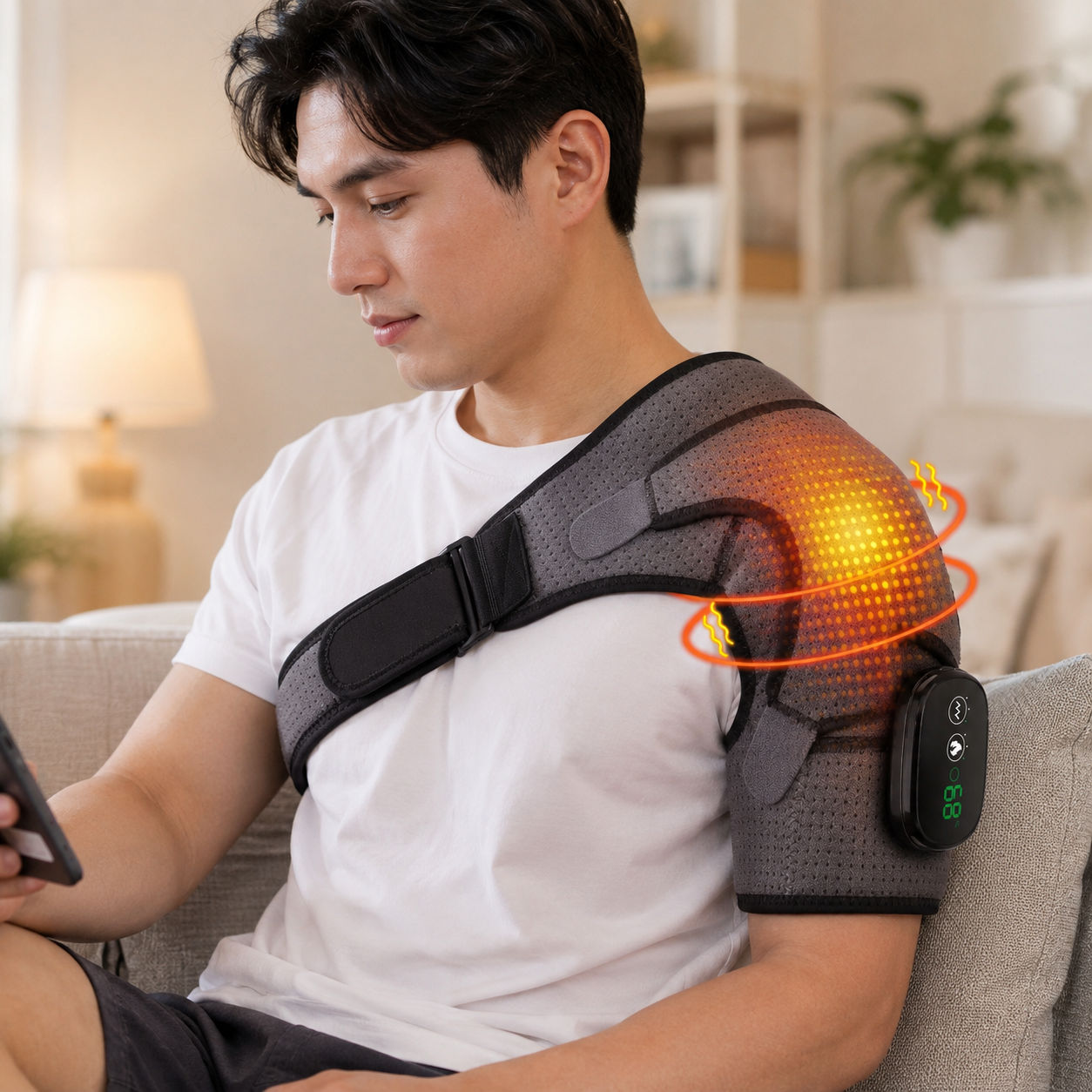 RESTORA Heated Shoulder Wrap showing shoulder support