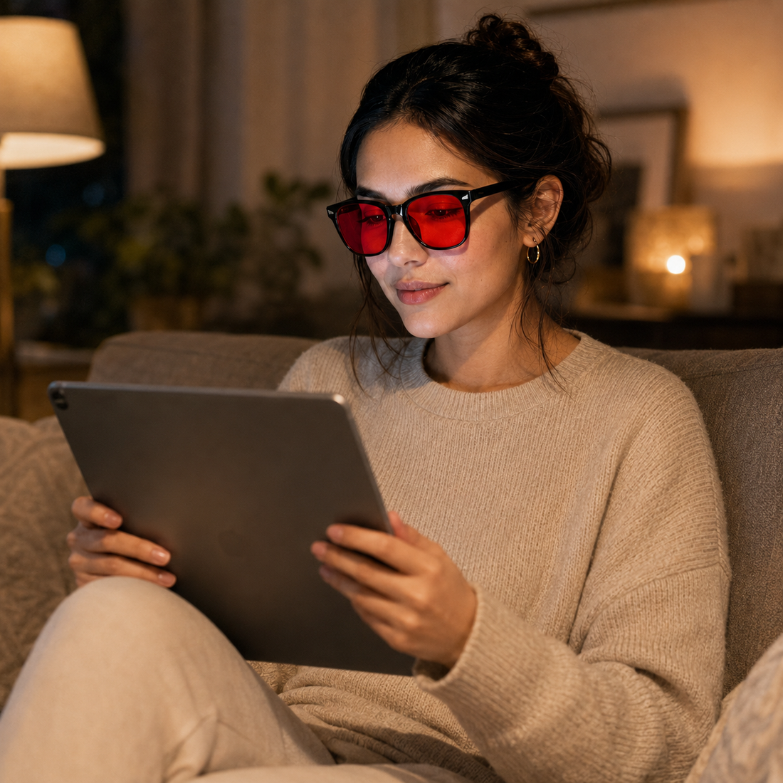 Wearing RESTORA glasses while reading on a tablet