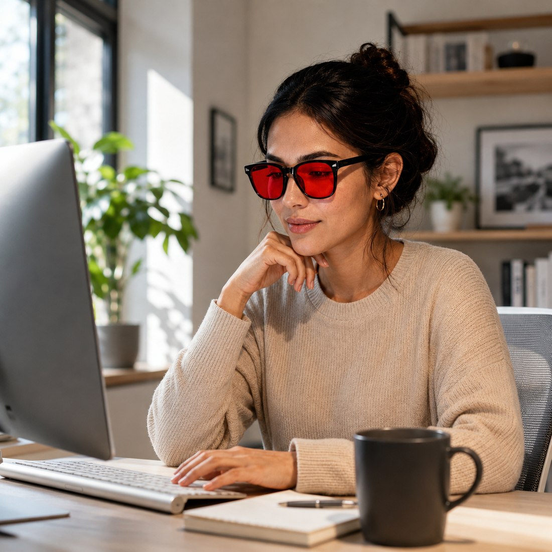 Wearing RESTORA glasses at a desk