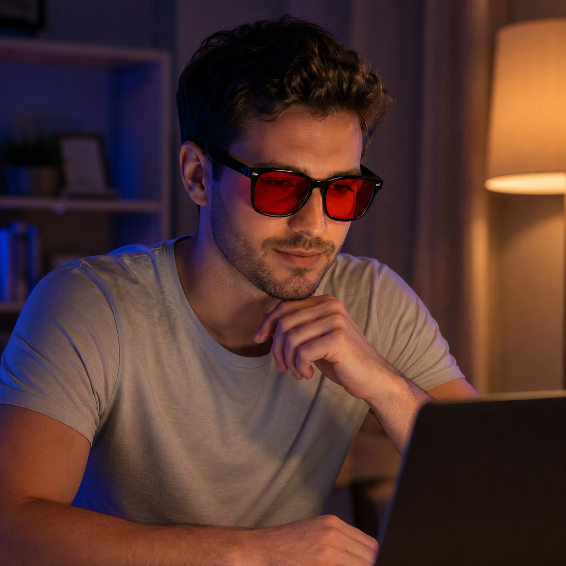 Wearing RESTORA glasses for late-night screen time