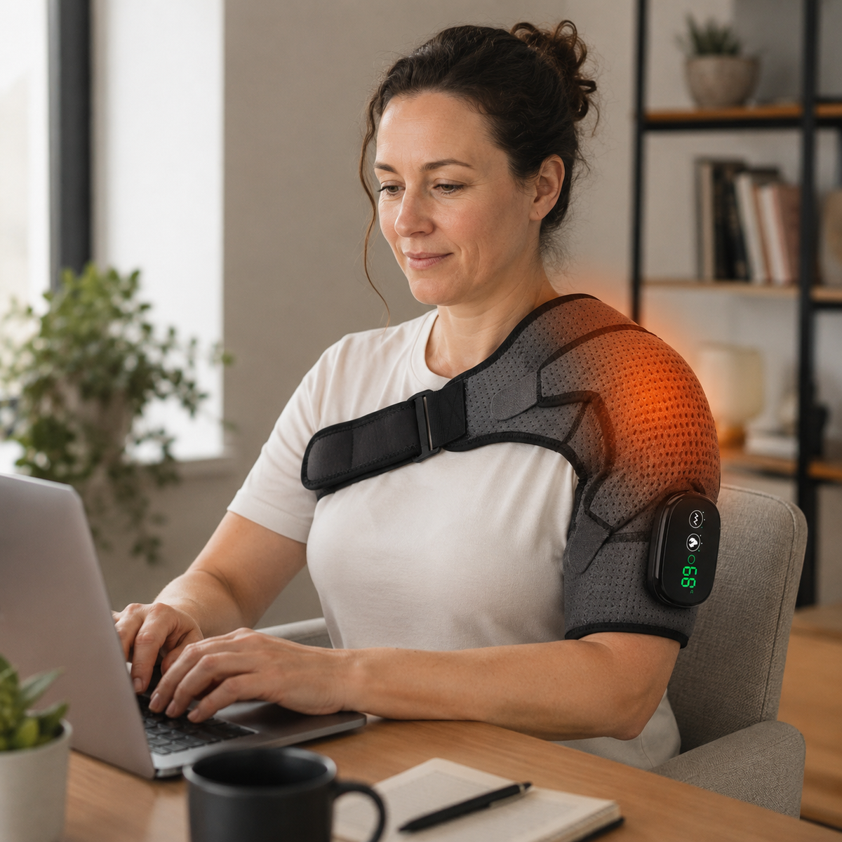 RESTORA Heated Shoulder Wrap lifestyle use