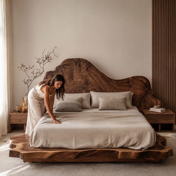 RESTORA Natural Artisan Wood Bed – Wave Cut