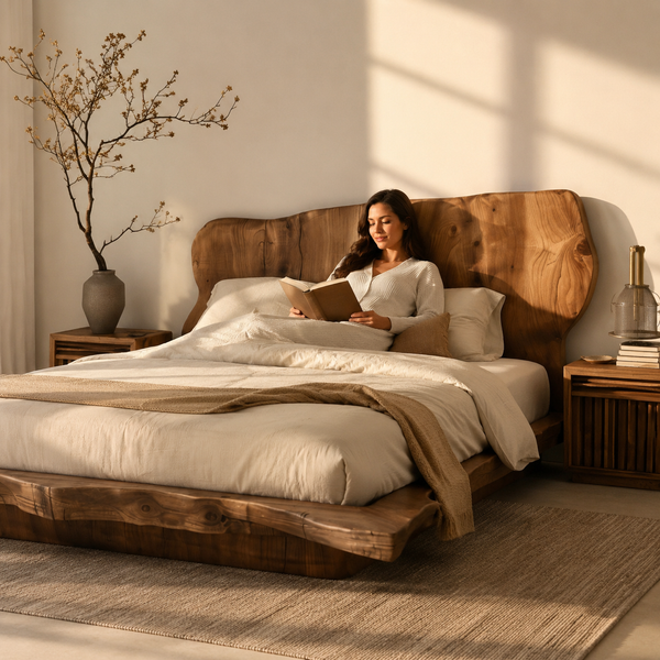 RESTORA Natural Artisan Wood Bed – Sculpted Cut