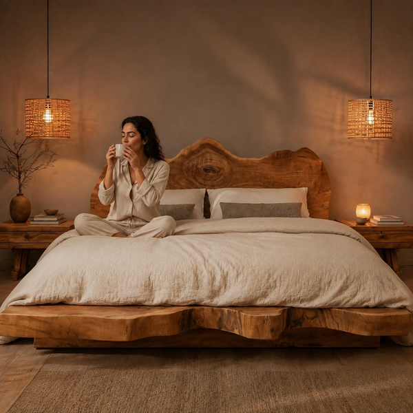 RESTORA Natural Artisan Wood Bed Frame – Crown Cut
