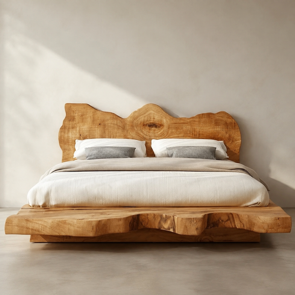 RESTORA Natural Artisan Wood Bed Frame – Crown Cut