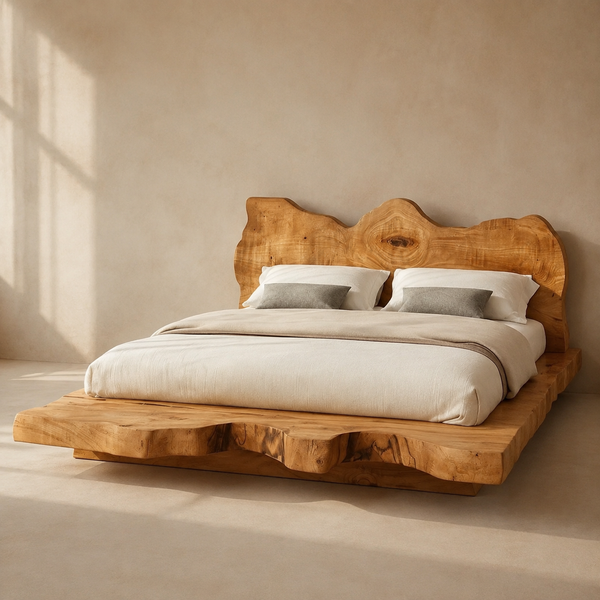 RESTORA Natural Artisan Wood Bed Frame – Crown Cut
