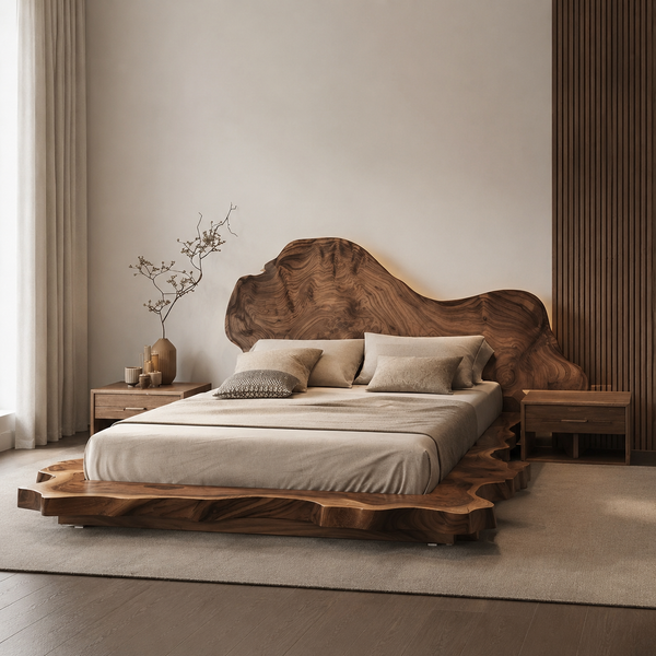 RESTORA Natural Artisan Wood Bed – Wave Cut