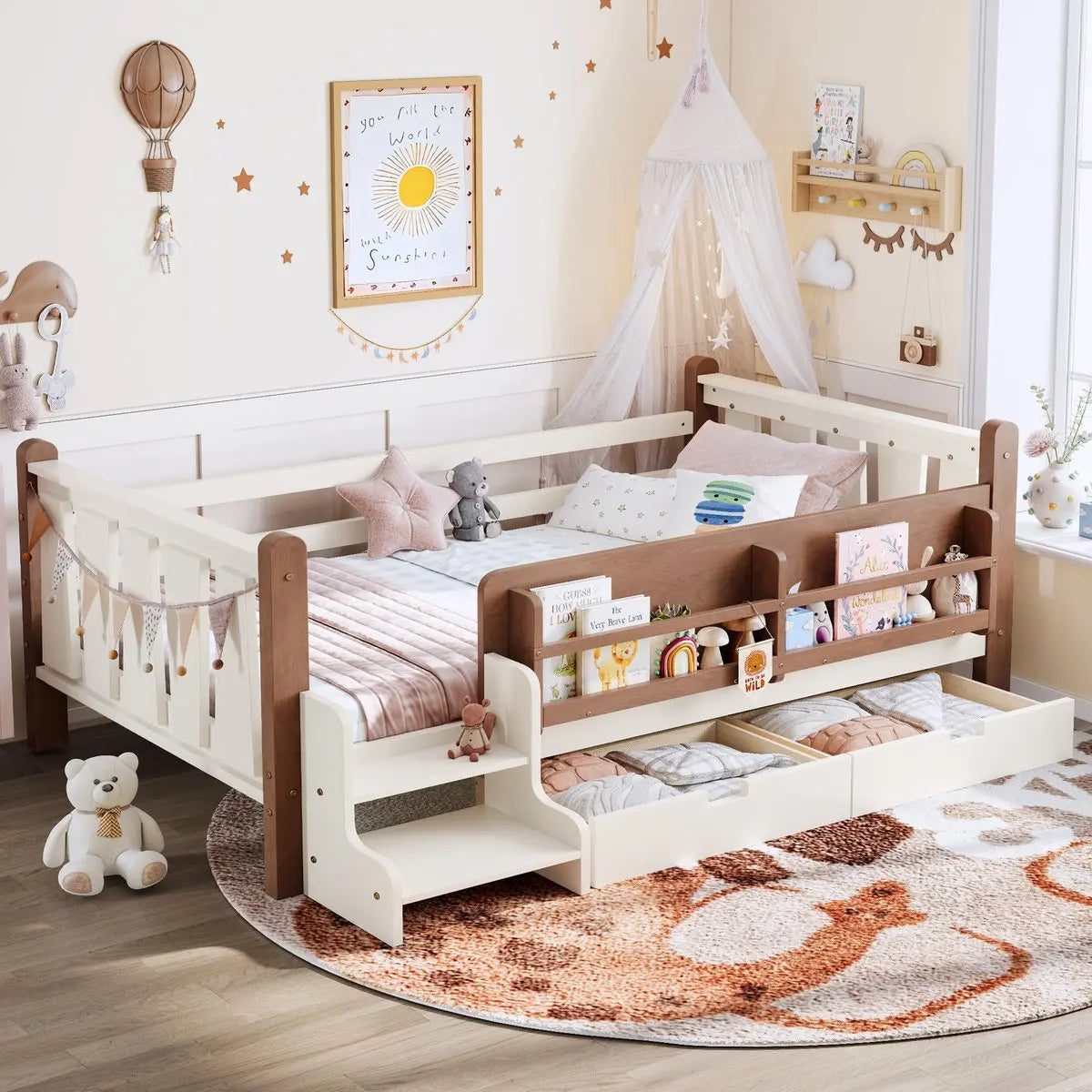 RESTORA kids twin floor bed with storage and stairs in Beige, product image 1
