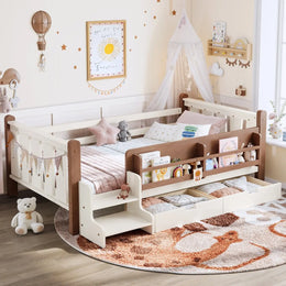 RESTORA kids twin floor bed with storage and stairs in Beige, product image 1
