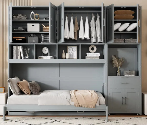 RESTORA Murphy Bed with Closet, Drawers & Desk - Twin Size