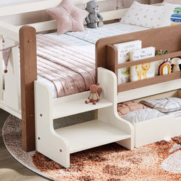 RESTORA kids twin floor bed with storage and stairs in Beige, product image 6