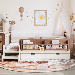 RESTORA kids twin floor bed with storage and stairs in Beige, product image 2