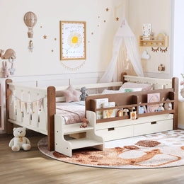 RESTORA kids twin floor bed with storage and stairs in Beige, product image 3