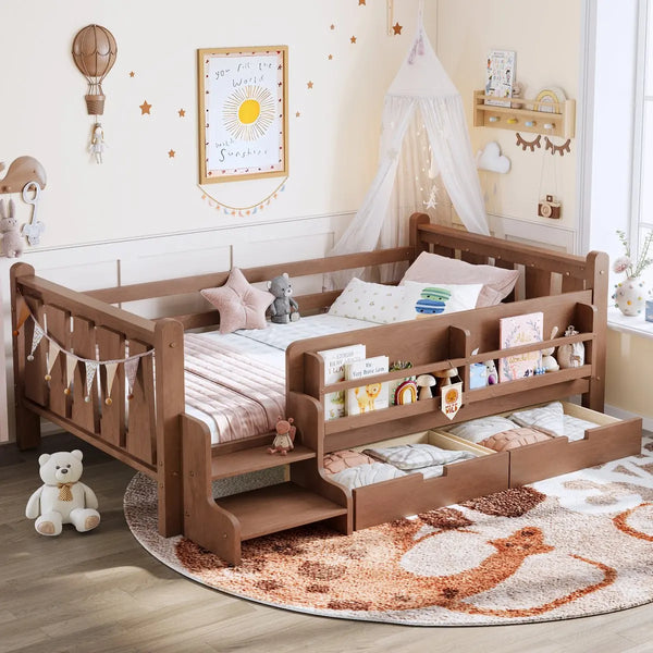 RESTORA kids twin floor bed with storage and stairs in Natural, product image 1