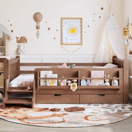 RESTORA kids twin floor bed with storage and stairs in Natural, product image 2