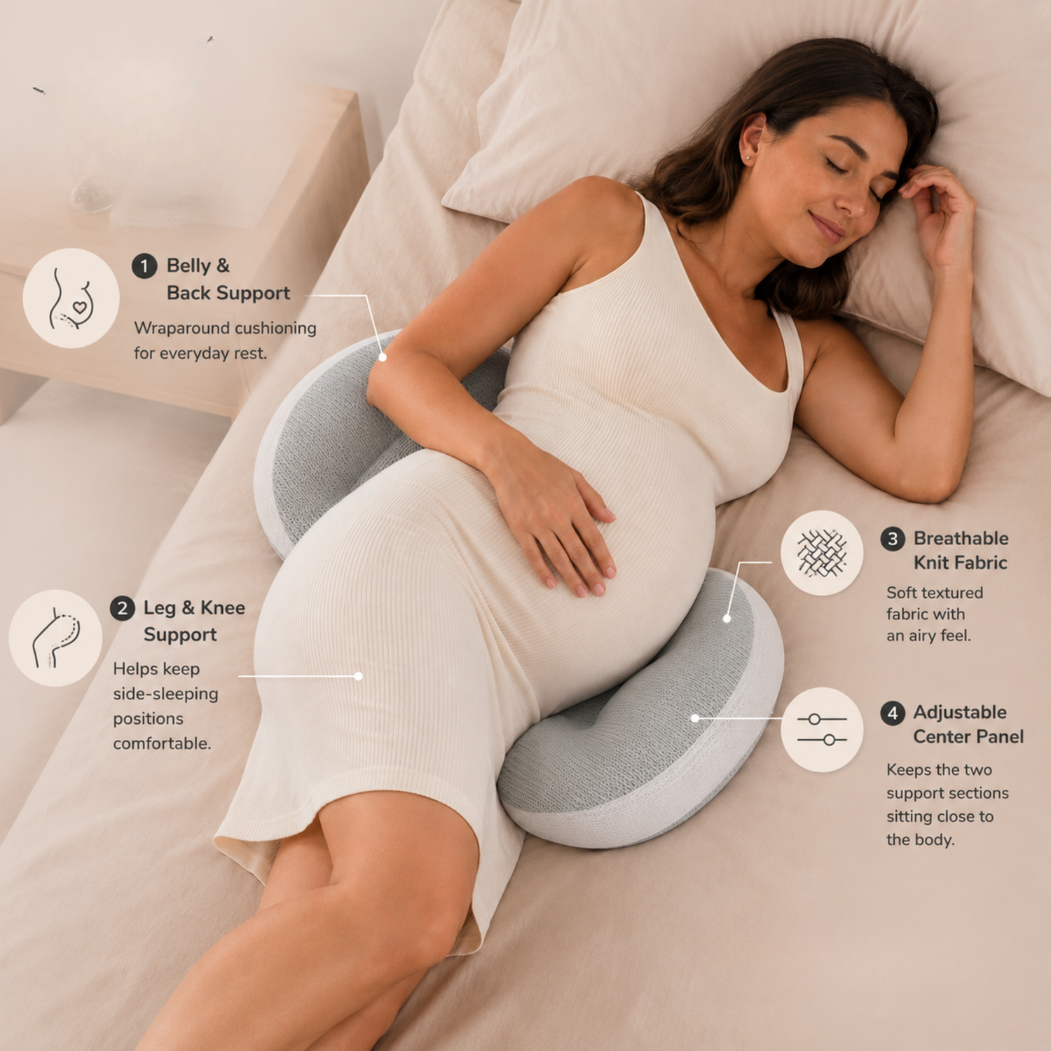 RESTORA Pregnancy Comfort Pillow showing belly hips and leg support