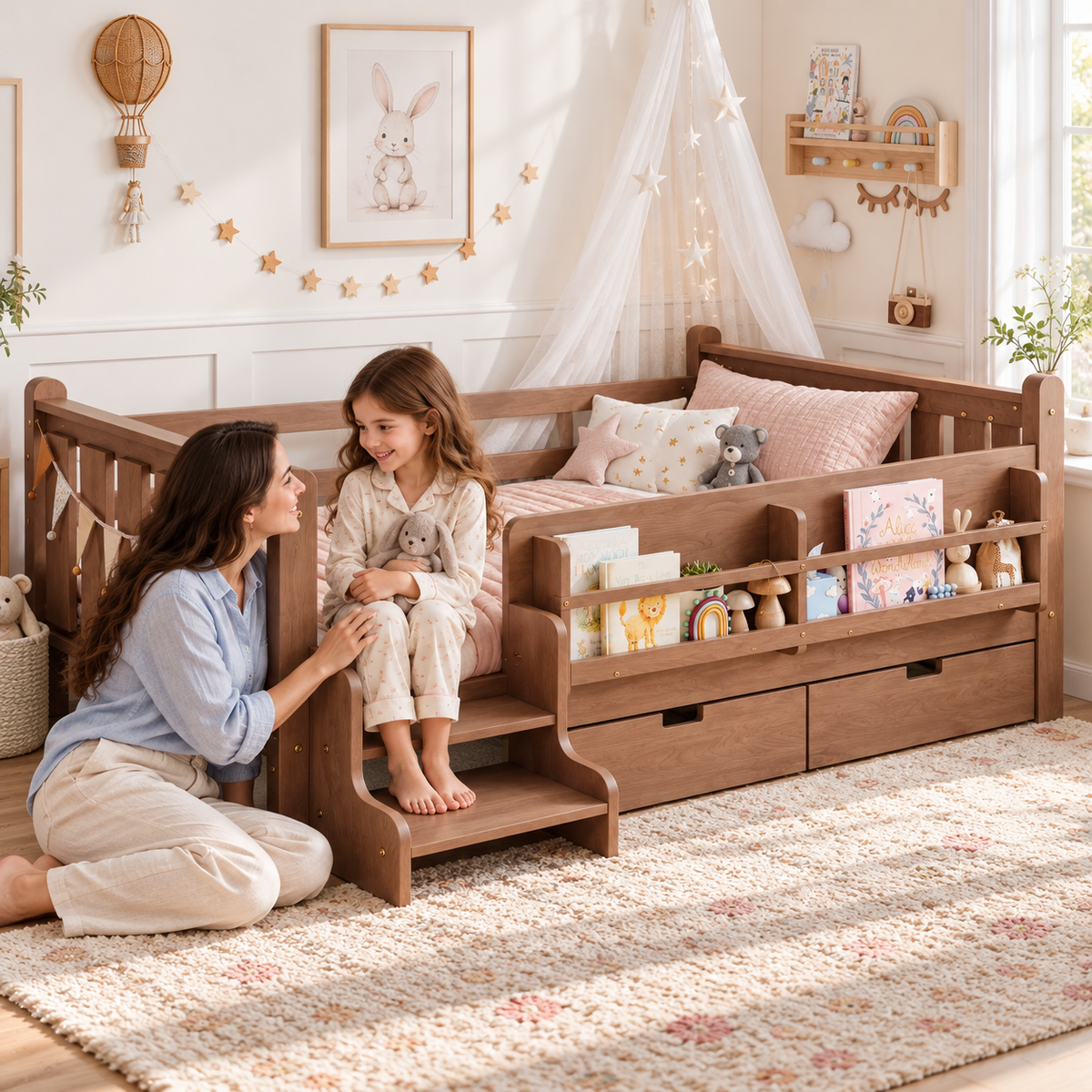 RESTORA Kids Twin Floor Bed with Storage & Stairs