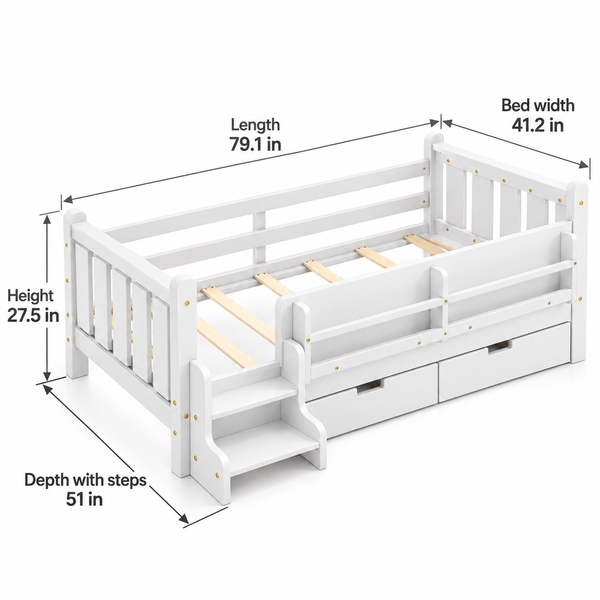 RESTORA Kids Twin Floor Bed with Storage & Stairs