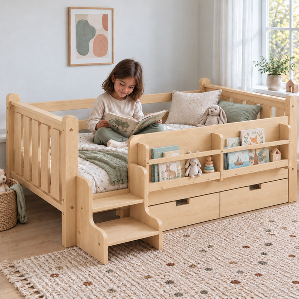 RESTORA Kids Twin Floor Bed with Storage & Stairs