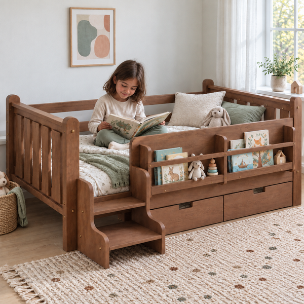 RESTORA Kids Twin Floor Bed with Storage & Stairs