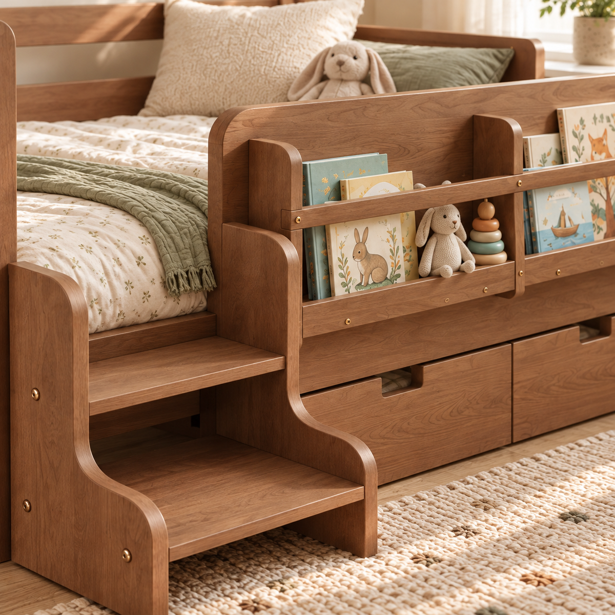 Close-up of the bedside book rack and built-in steps on the RESTORA kids twin bed